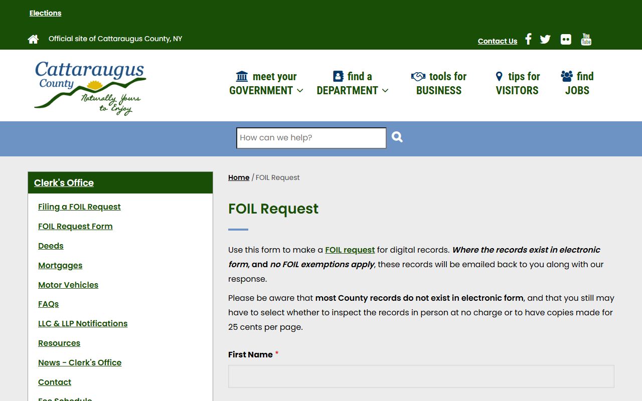 Cattaraugus County FOIL webform for inmate records requests